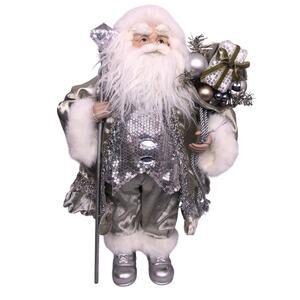 Christmas Silver White Faux Fur 16" Standing Ceramic Face Hands Collectible Sana